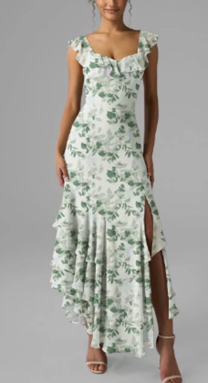 AW BRIDAL 0 XS Anaya tea green floral chiffon ruffle formal maxi dress NEW 0B16